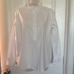 White Ruffle-Neck Button Placket Blouse,👚, size-S, ruffle around sleeves.